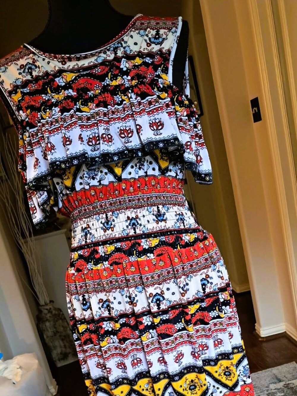 Boho Geometric Print Dress Smocked Waist Ruffle Neckline - Picture 4 of 6